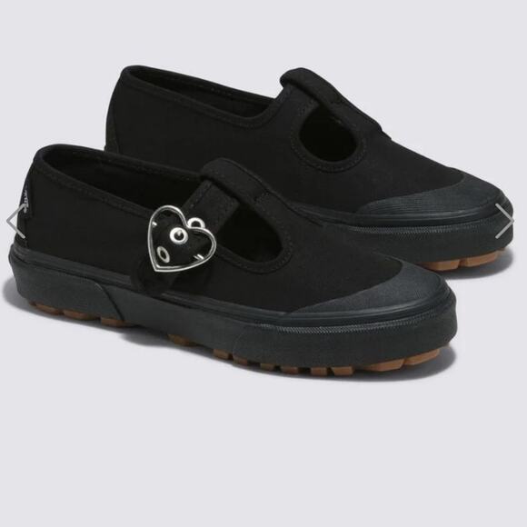 NEW VANS STYLE 93 SOLID Black Mary Jane Sneakers with Silver Heart Buckle SZ 5 - Picture 4 of 11